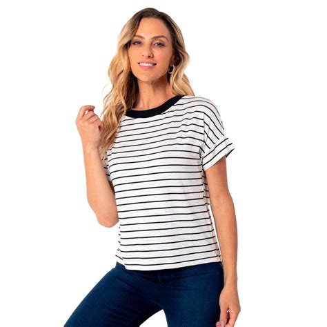 Blusa Feminina Cardium Listras Gola V Preto/branco .